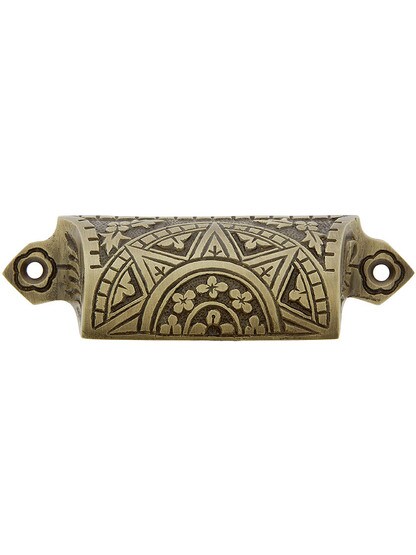 4 inch Cast Brass Sunburst Bin Pull In Antique Brass.